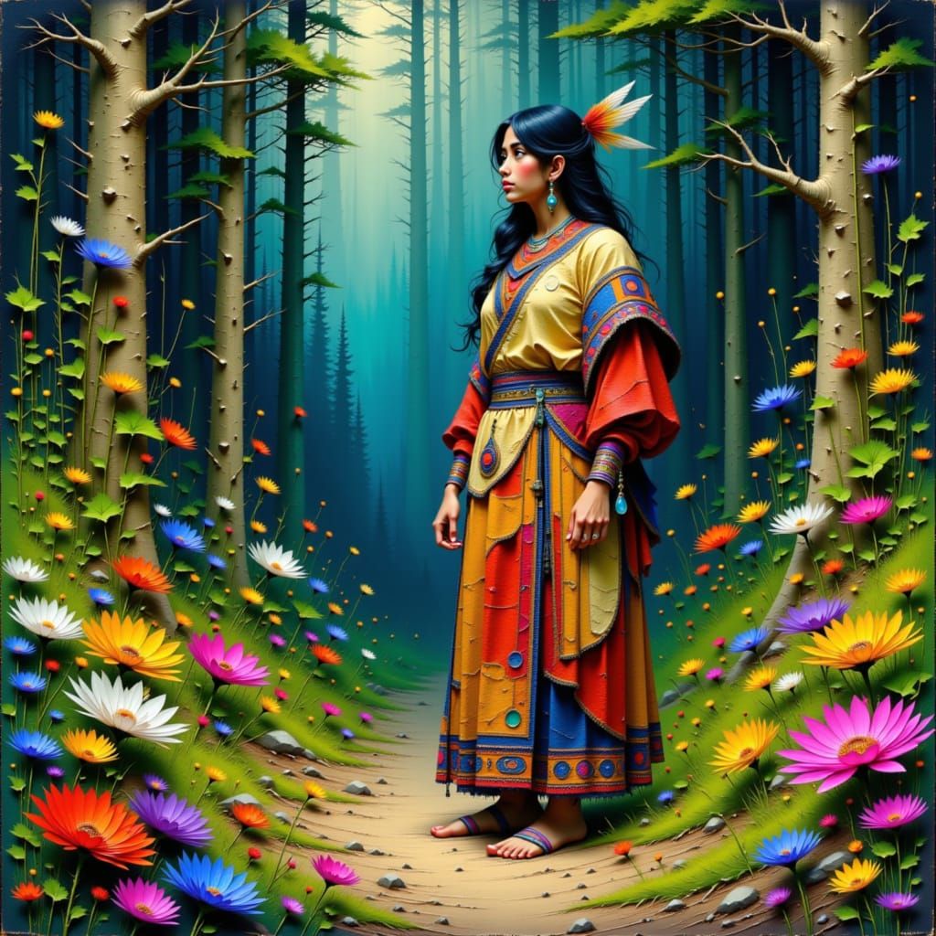 Anishinaabe Woman in Forest, Woodland Art Style