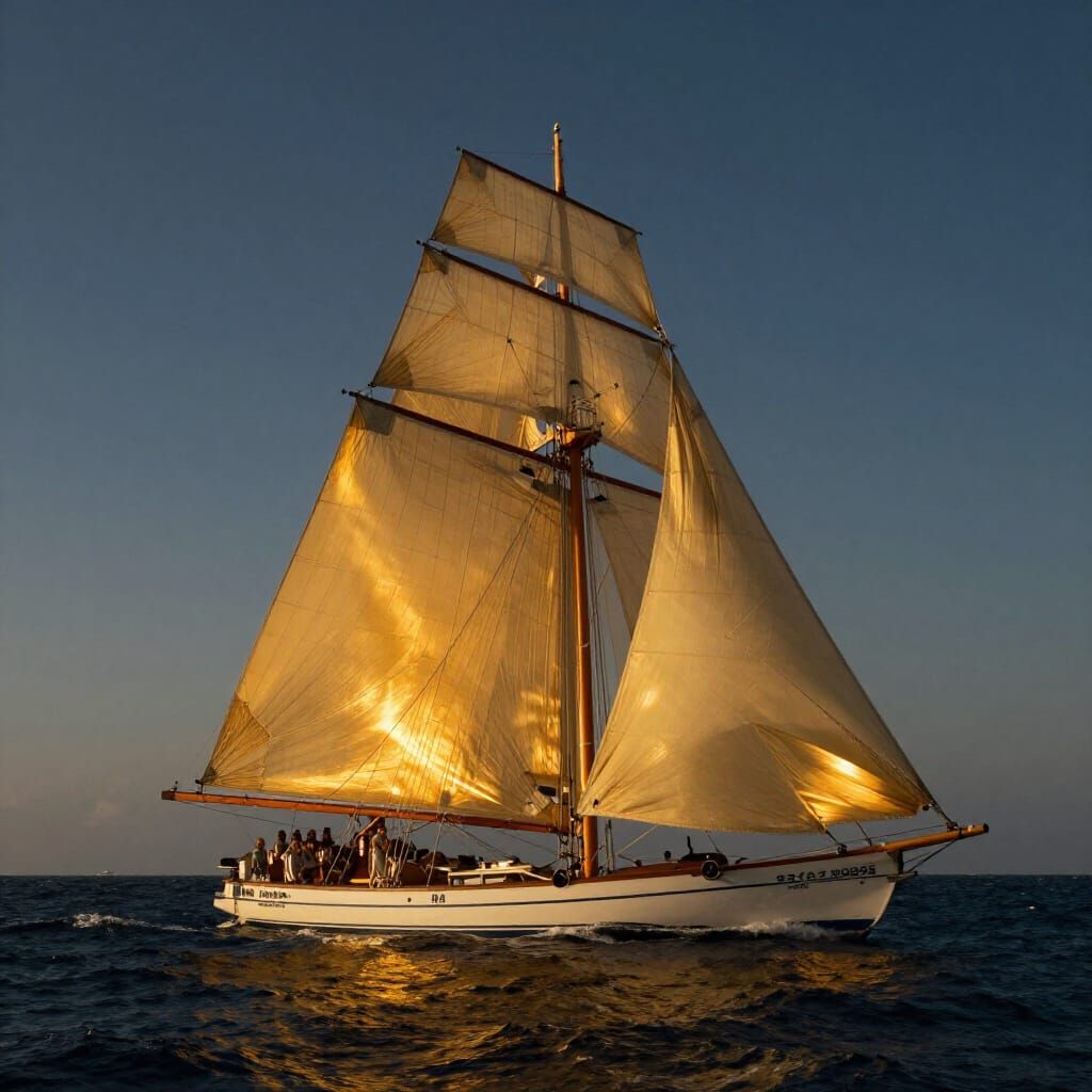 Golden Promise: Ship Sails Toward Destiny at Night
