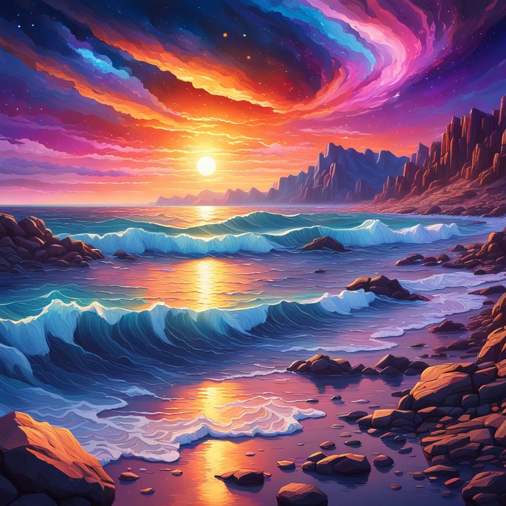 Rocky Shoreline Sunset with Galaxy: Impressionist Concept Ar...