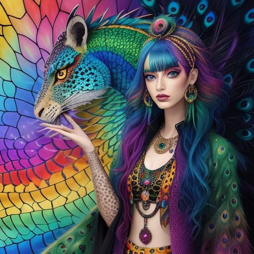 Woman with Dragon Scales and Peacock Hair