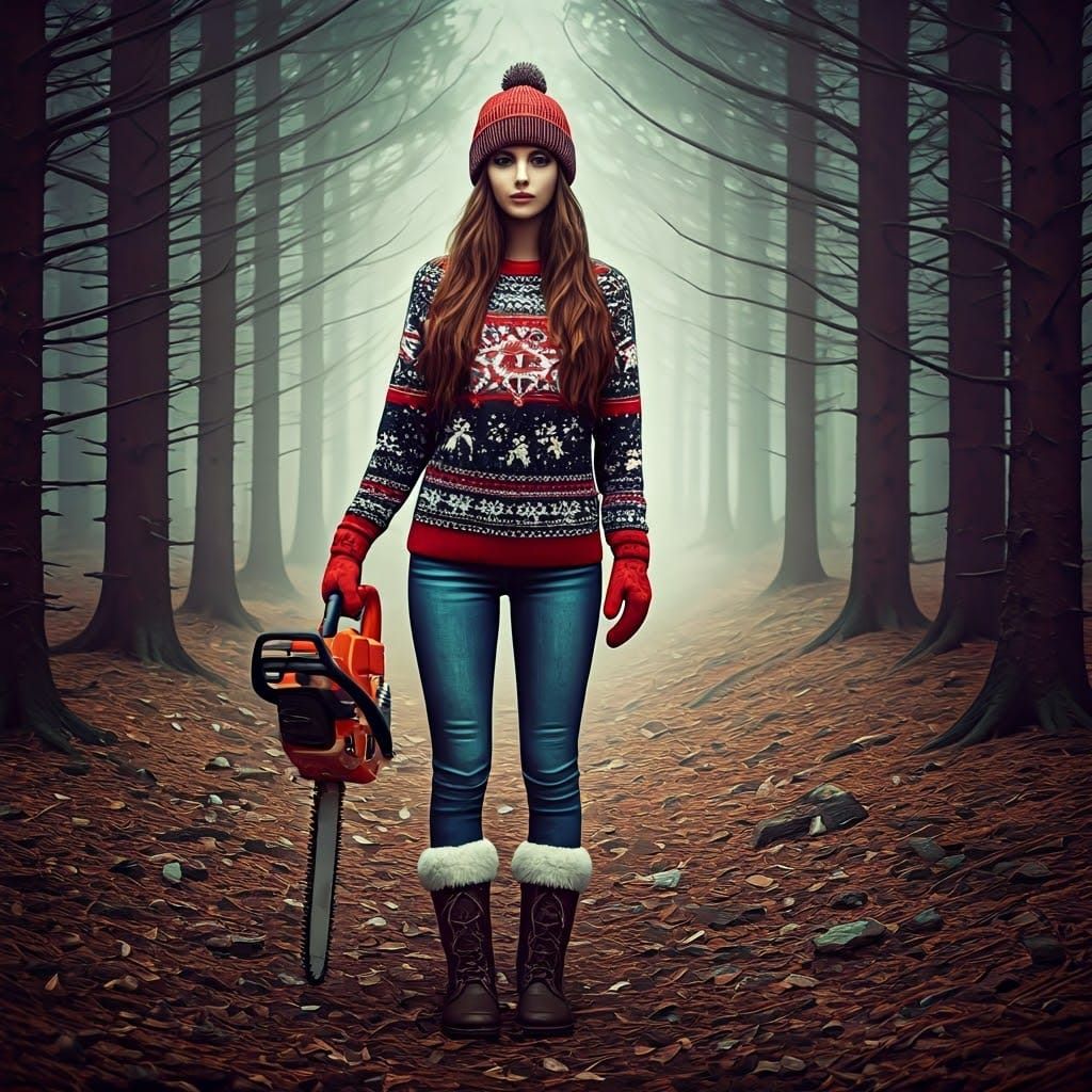 Fantasycore Woman with Chainsaw in Mucha Style