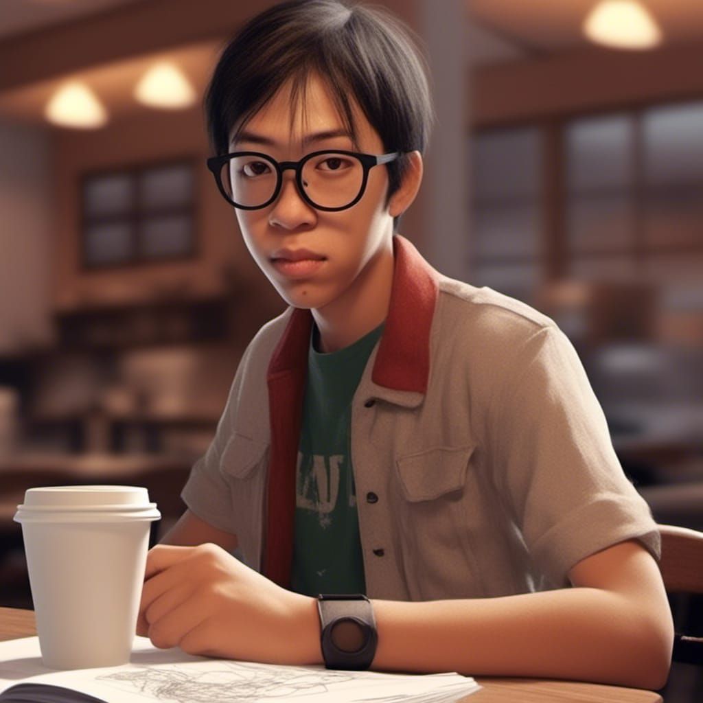 Boy Sketching in Coffee Shop: Digital Art Portrait