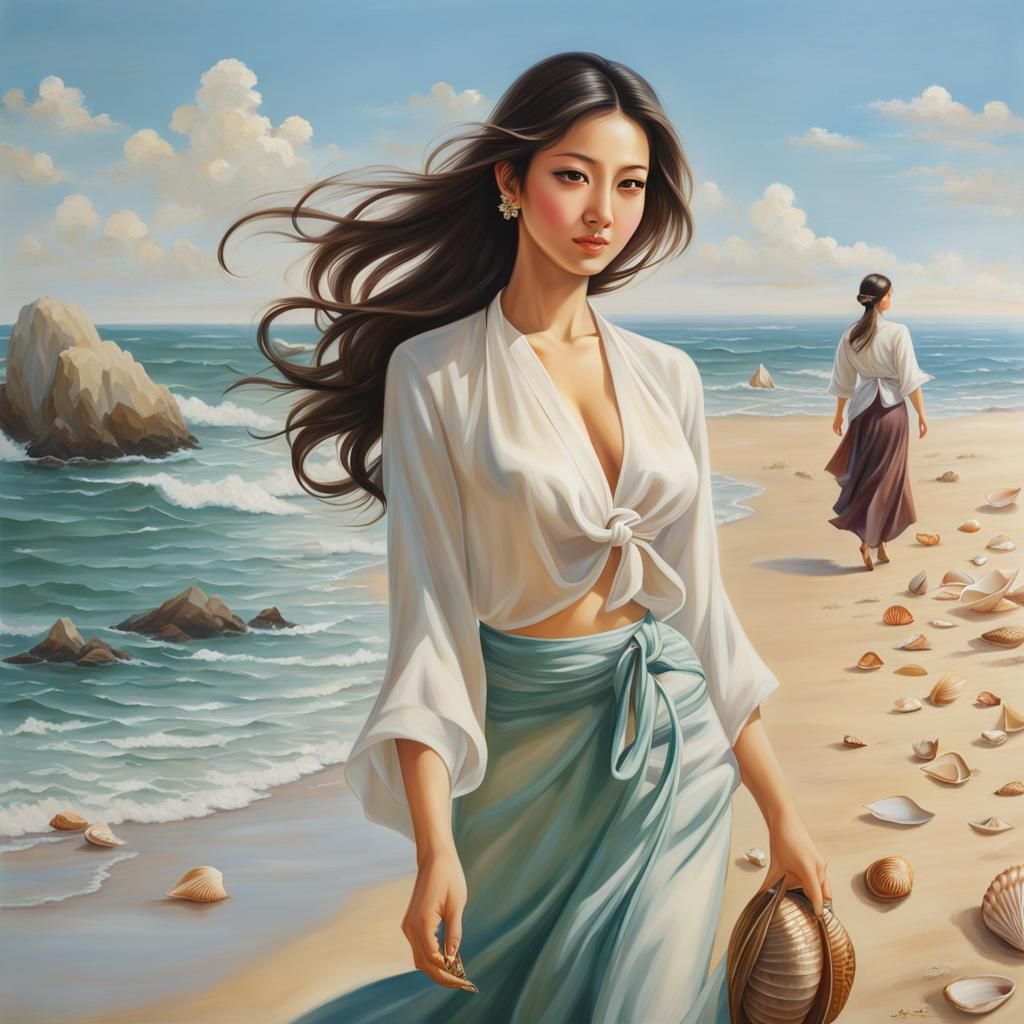 Orientalist Airbrush: Woman on Sunny Seashore