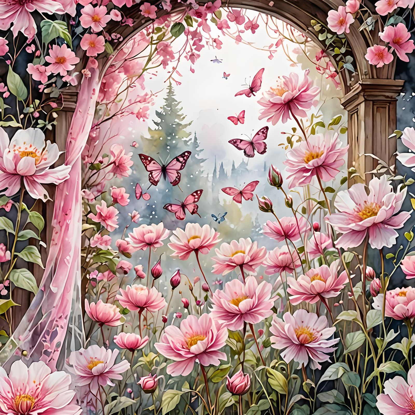 Blooming Pink Summer Garden in Watercolor Style