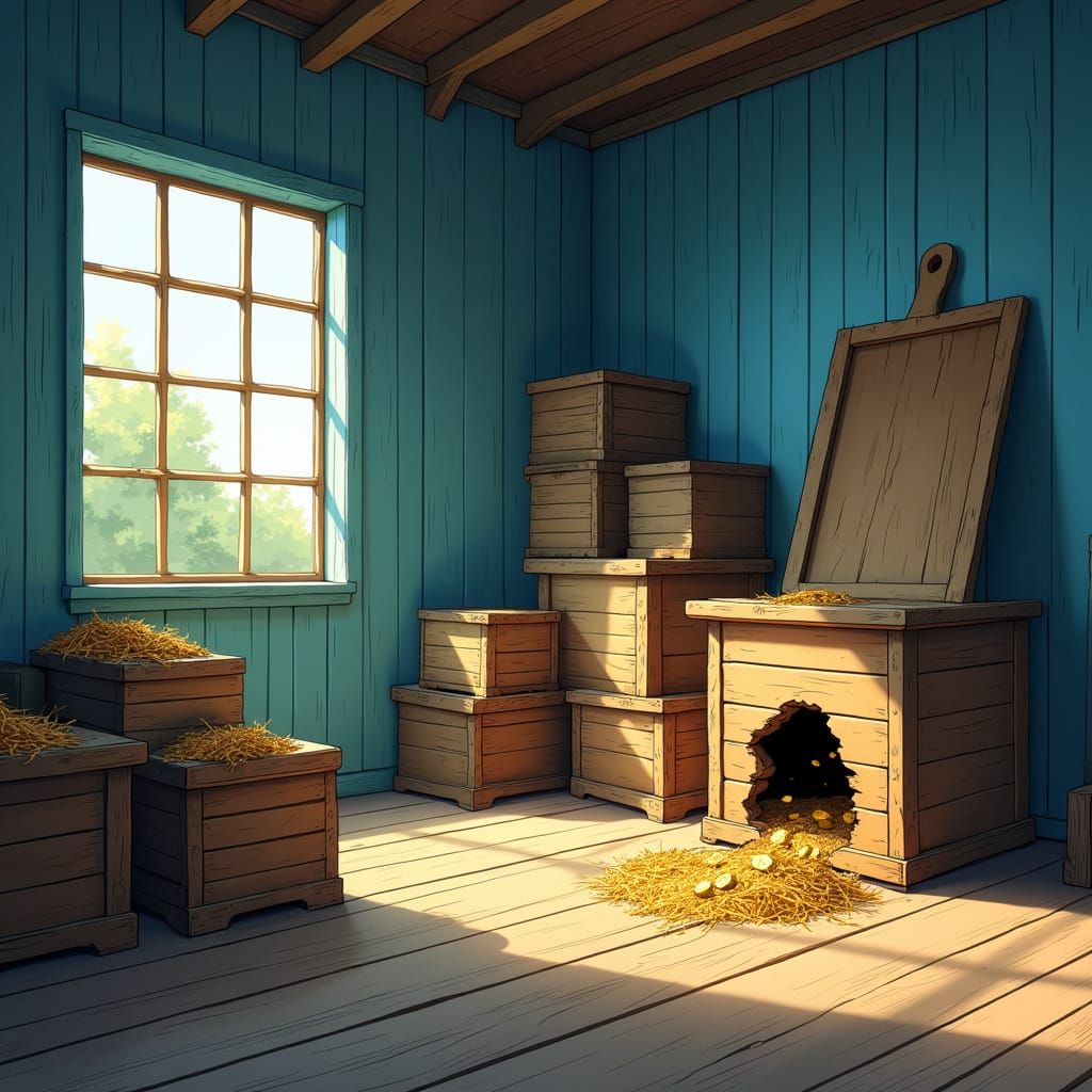 Sunlit Storeroom with Wooden Boxes in Anime Style