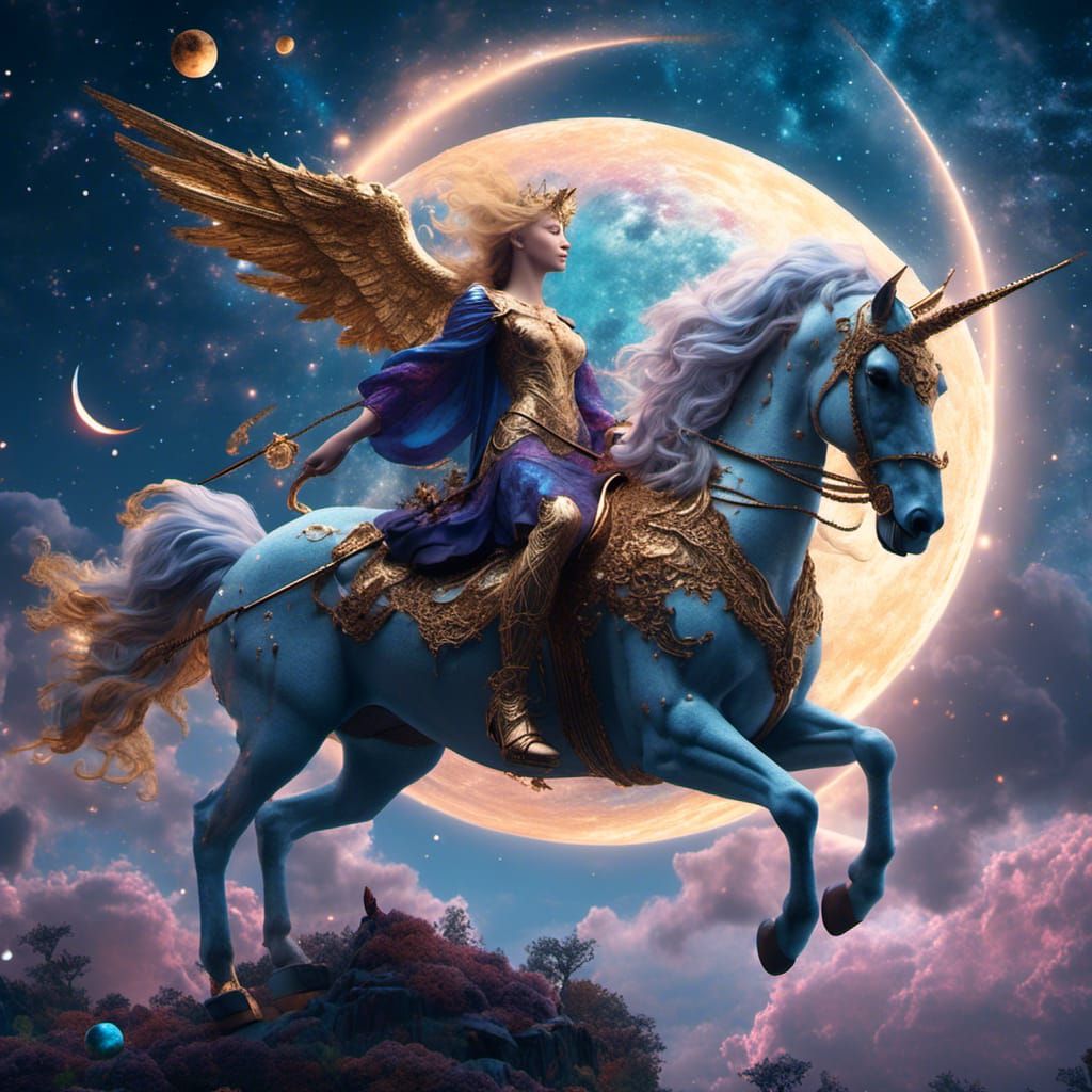 Angel Rides Unicorn in Galaxy: Hyperreal Art