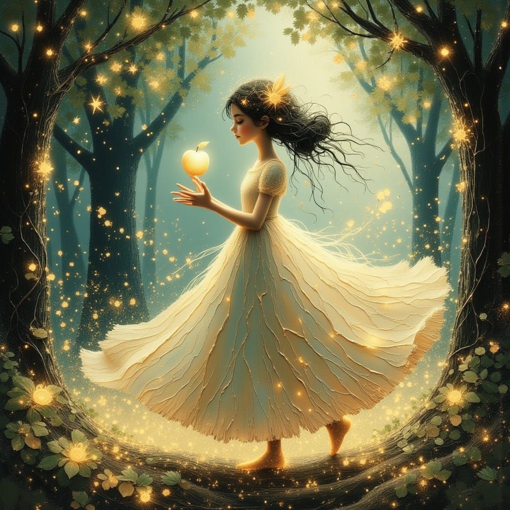 Enchanted Apple Transforms Woman in Sun-Dappled Forest