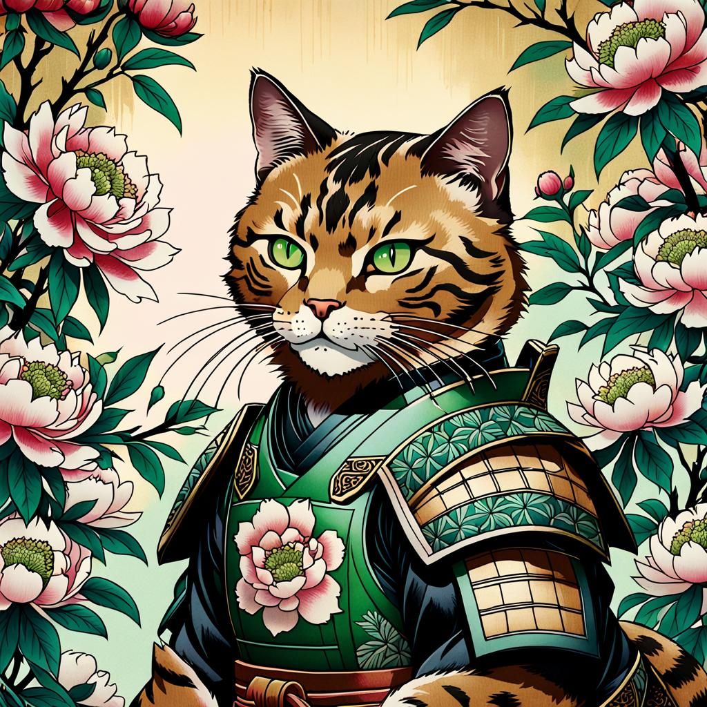 Stylized Samurai Cat in Traditional Japanese Armor