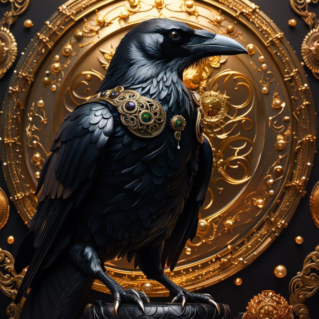 Intricate Crow with Gold and Pearl Details