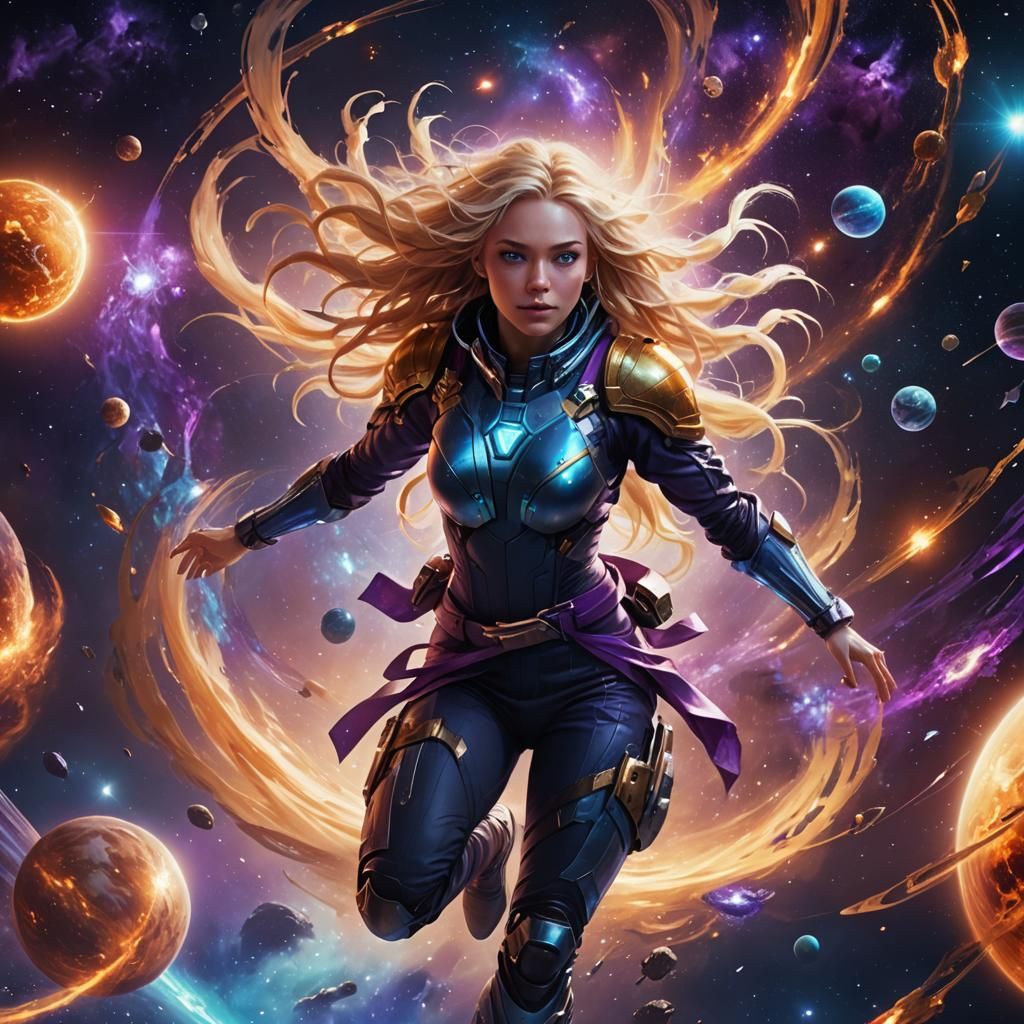 Girl with Blond Hair Flying in Space