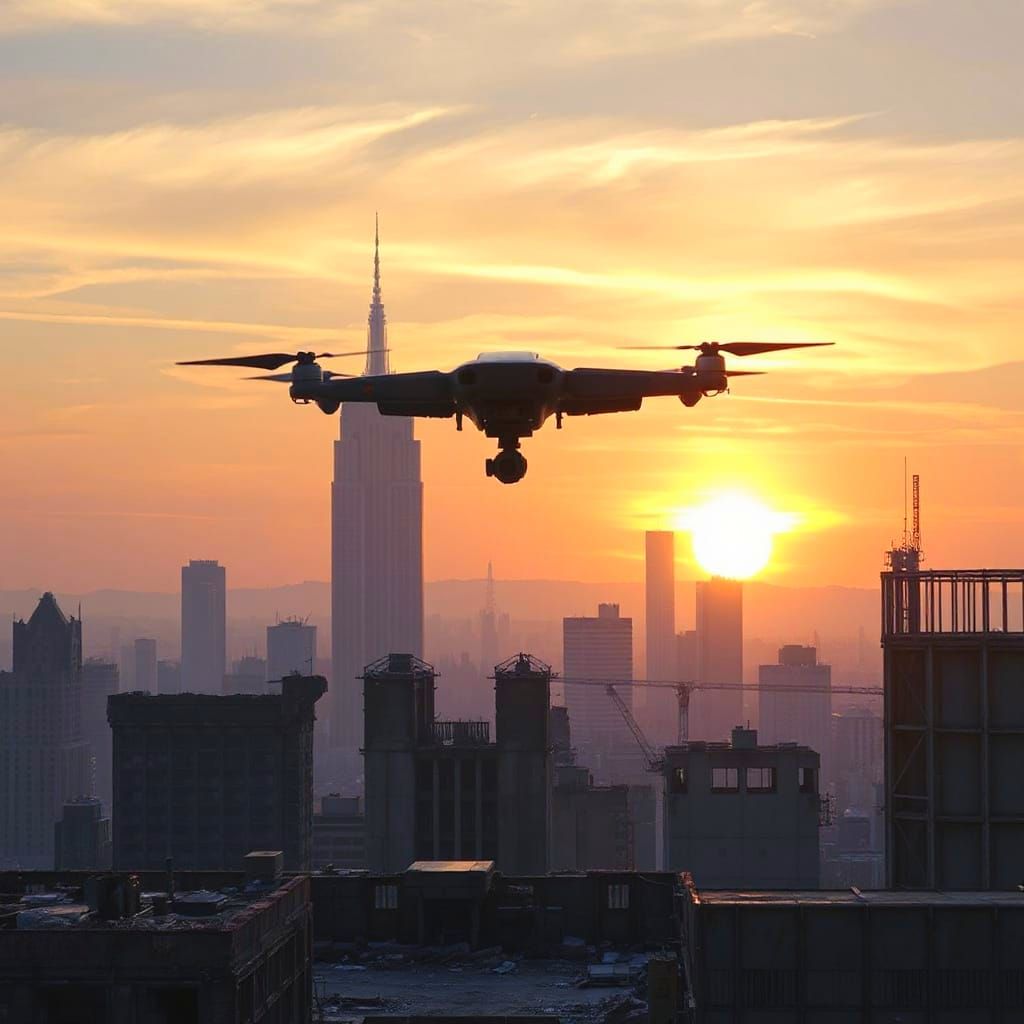 Post-Apocalyptic City Skyline at Dawn: Hope Amidst Ruins