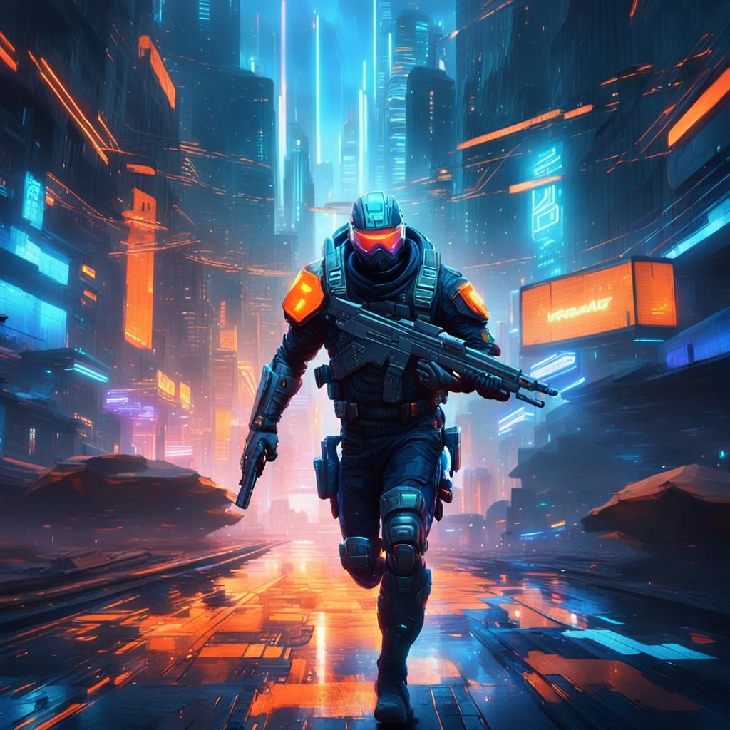 Nova Soldier Running Through Cyberpunk Cityscape