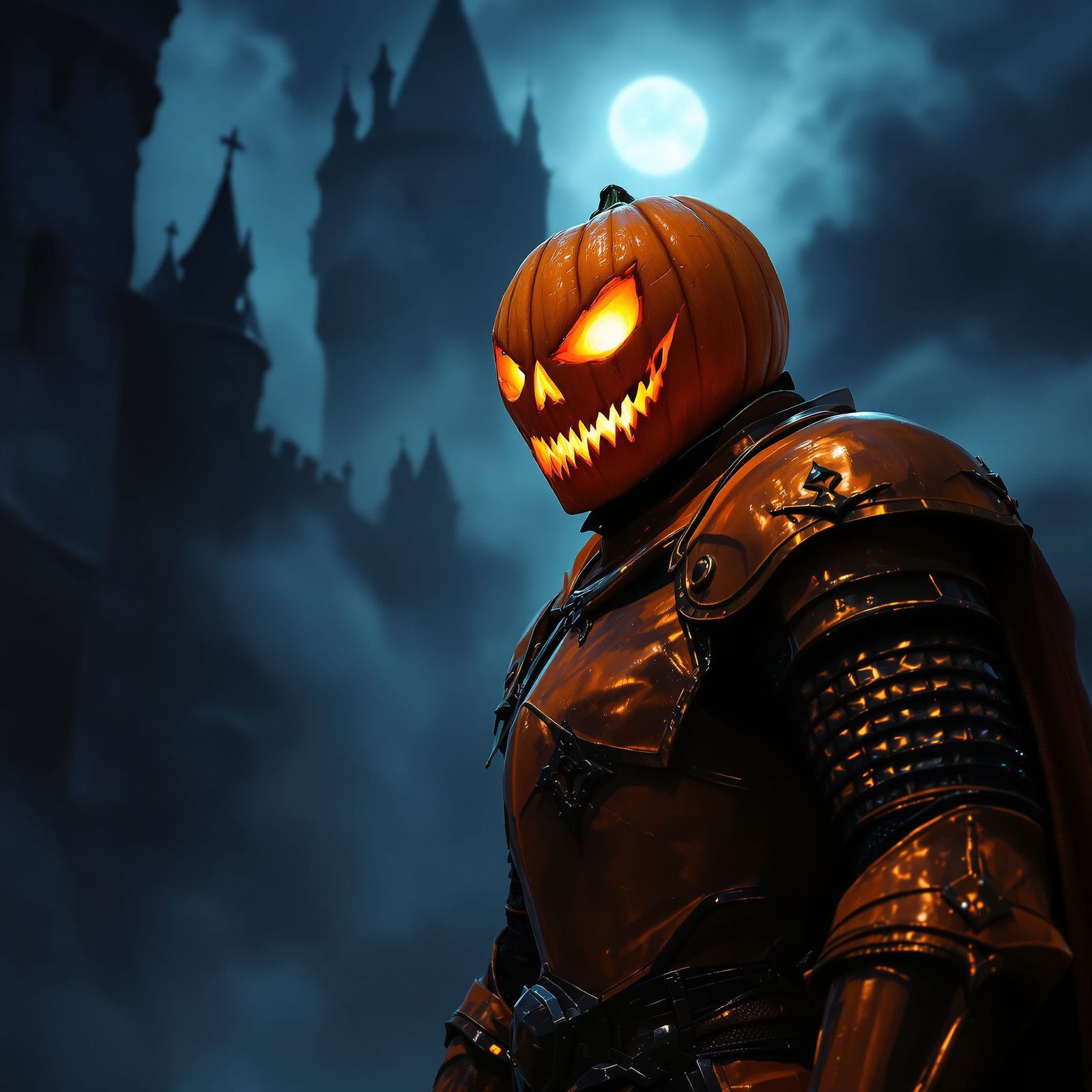 Knight With Pumpkin Head at Gothic Castle at Night