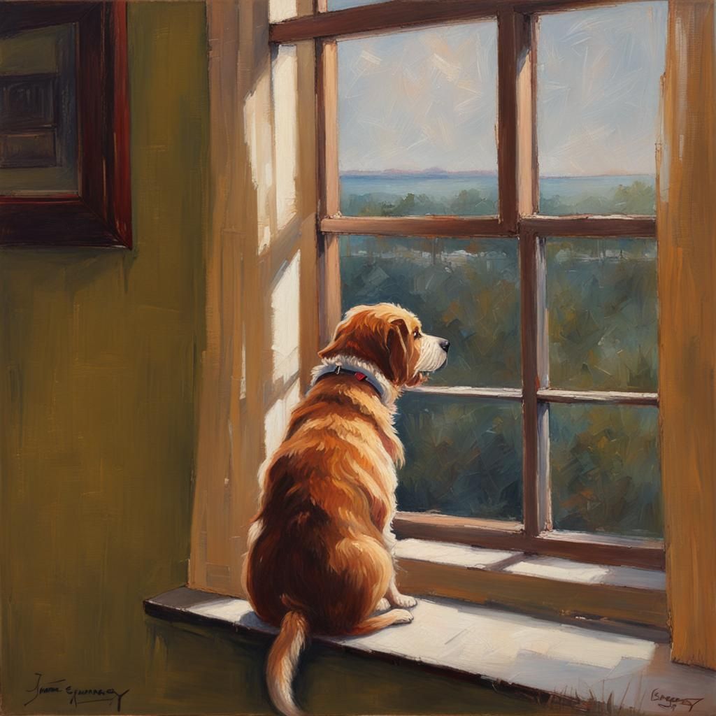Dog Waiting at Window in Oil Painting Style