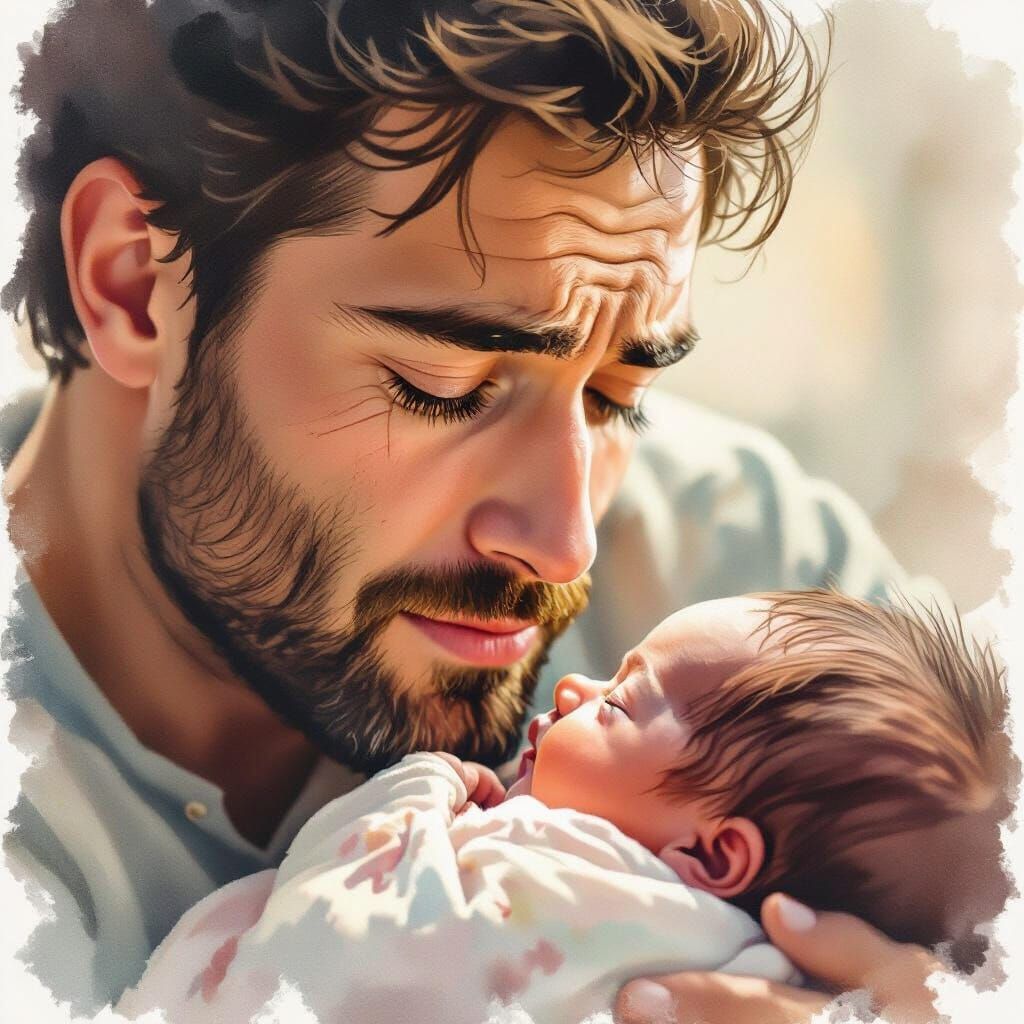 Father's Eyes Reflecting Newborn, Watercolor Painting
