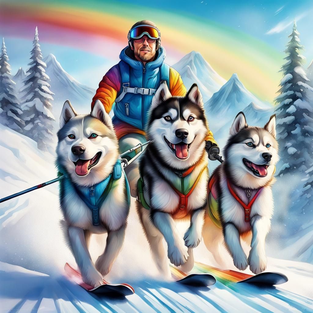 Skier Pulled by Huskies in Winter Wonderland