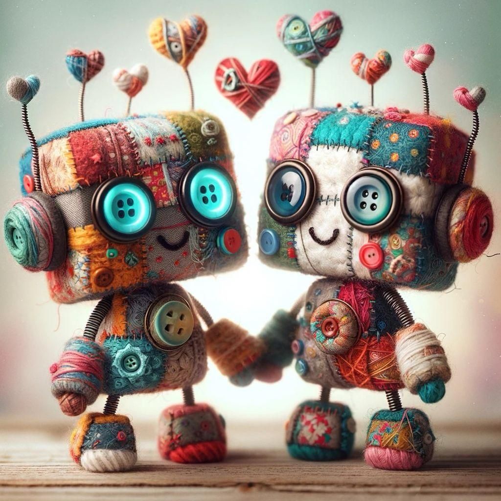 Patchwork Yarn Robots in Love: Digital Art