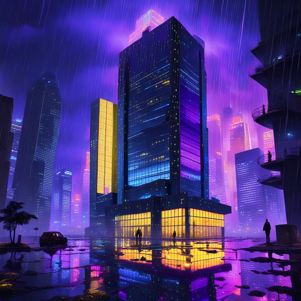 Futuristic Skyscraper in Rainy Dark Fantasy Concept Art