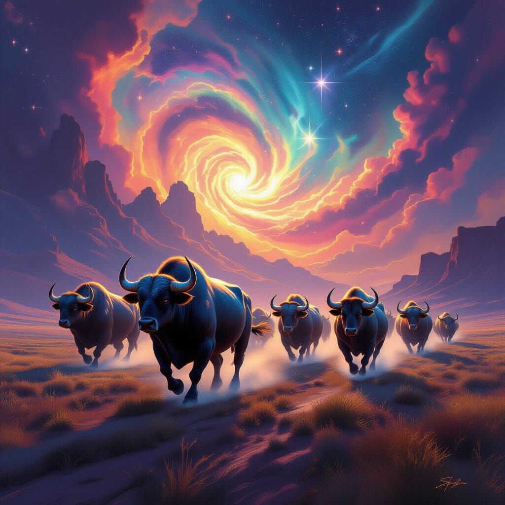 Astral Herd of Bulls and Buffaloes on Alien World