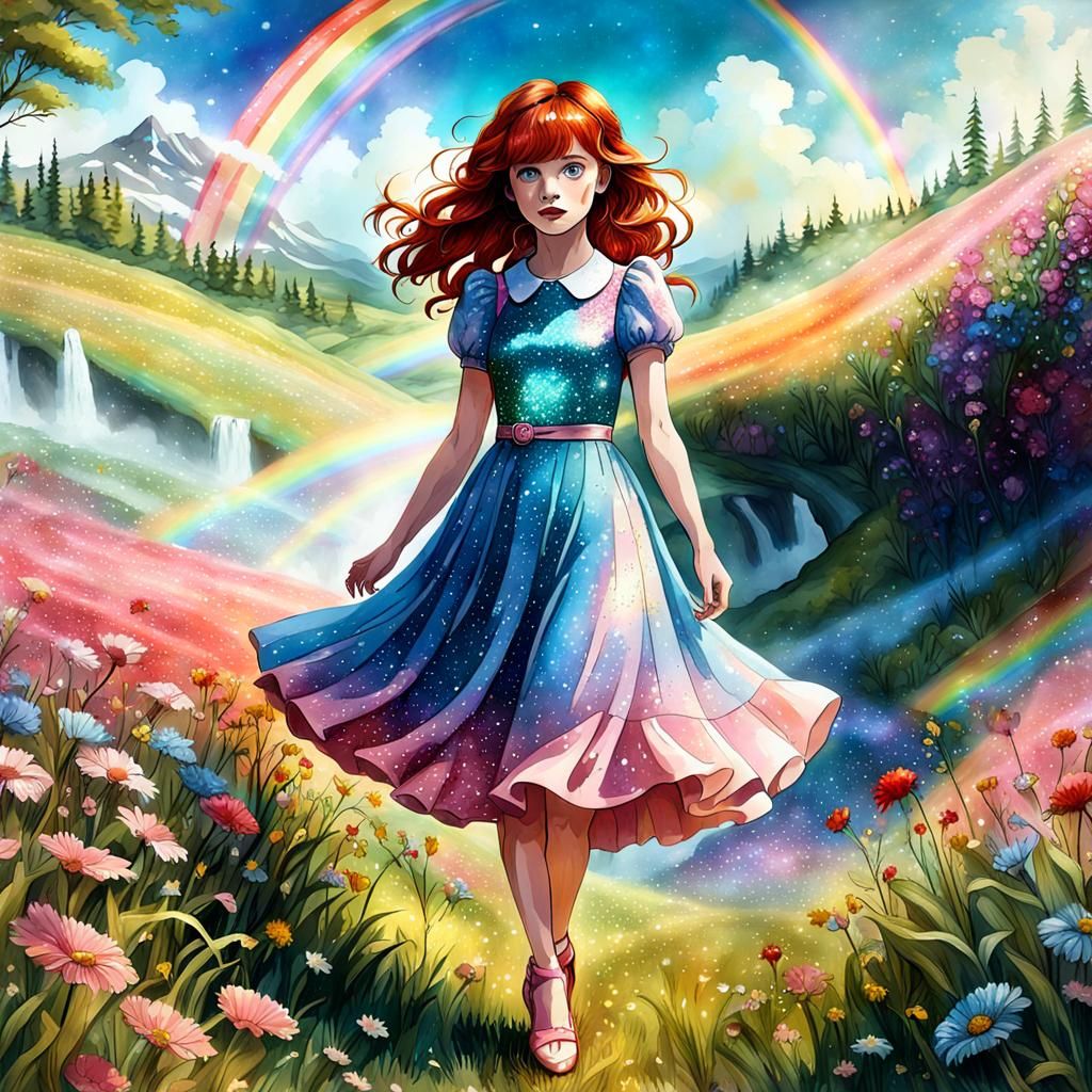 Watercolor Painting of a Red-Haired Woman in Meadow