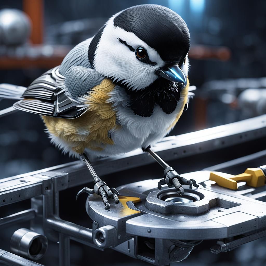 Chickadee Mechanic Repairs Spaceship: Hyper-Realistic Digita...