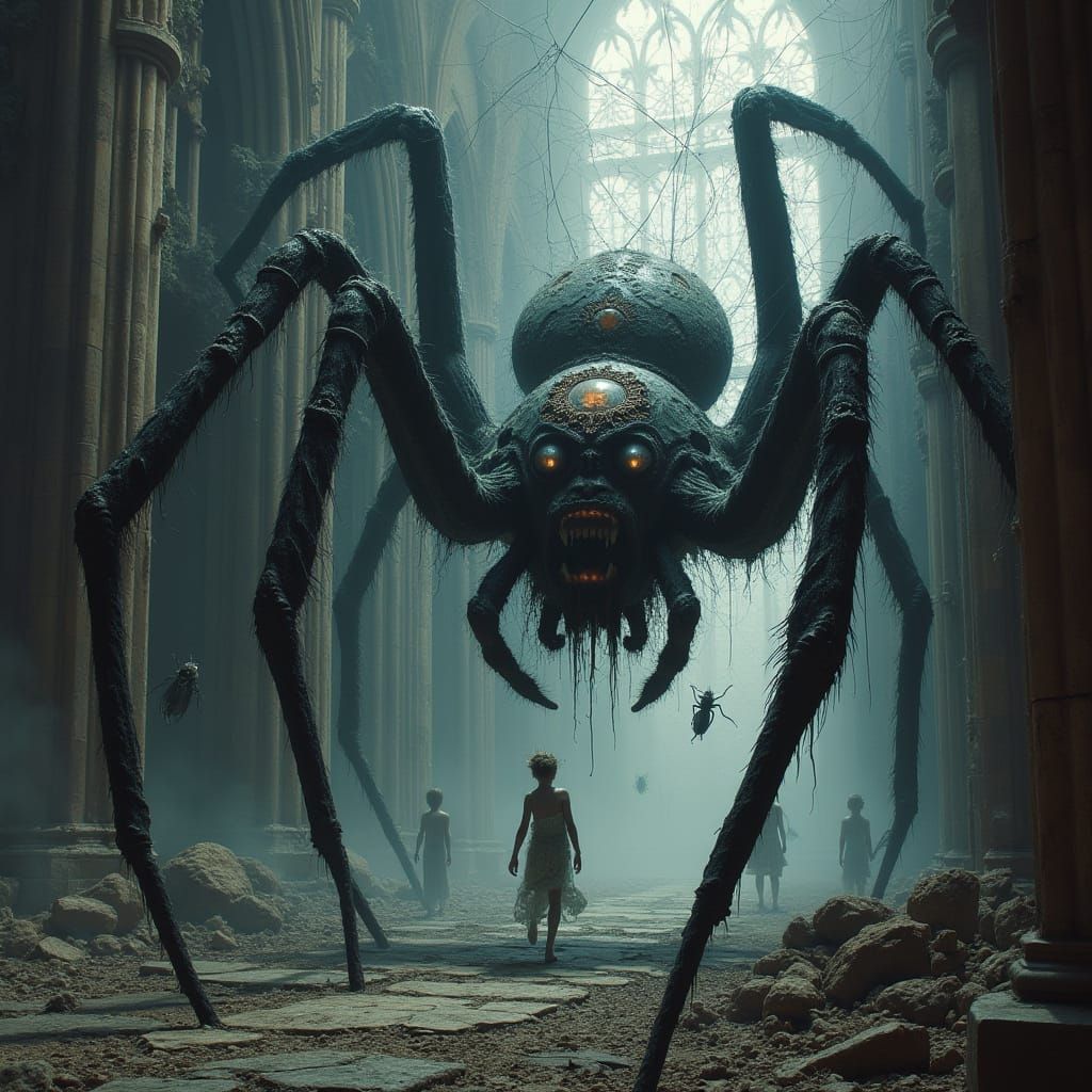 Cathedral Ruins Ensnared by Colossal Spider Web