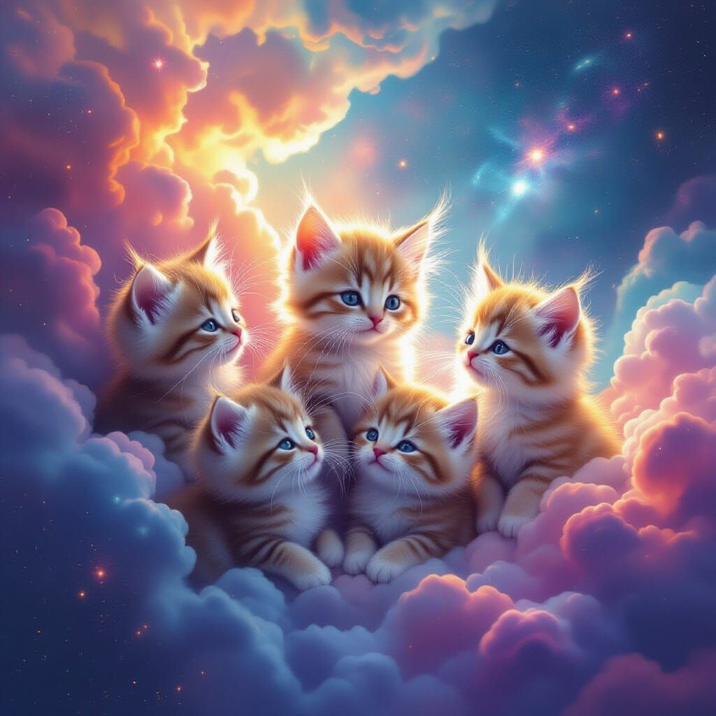 Nebula Kitten Family in Cosmic Dreamscape