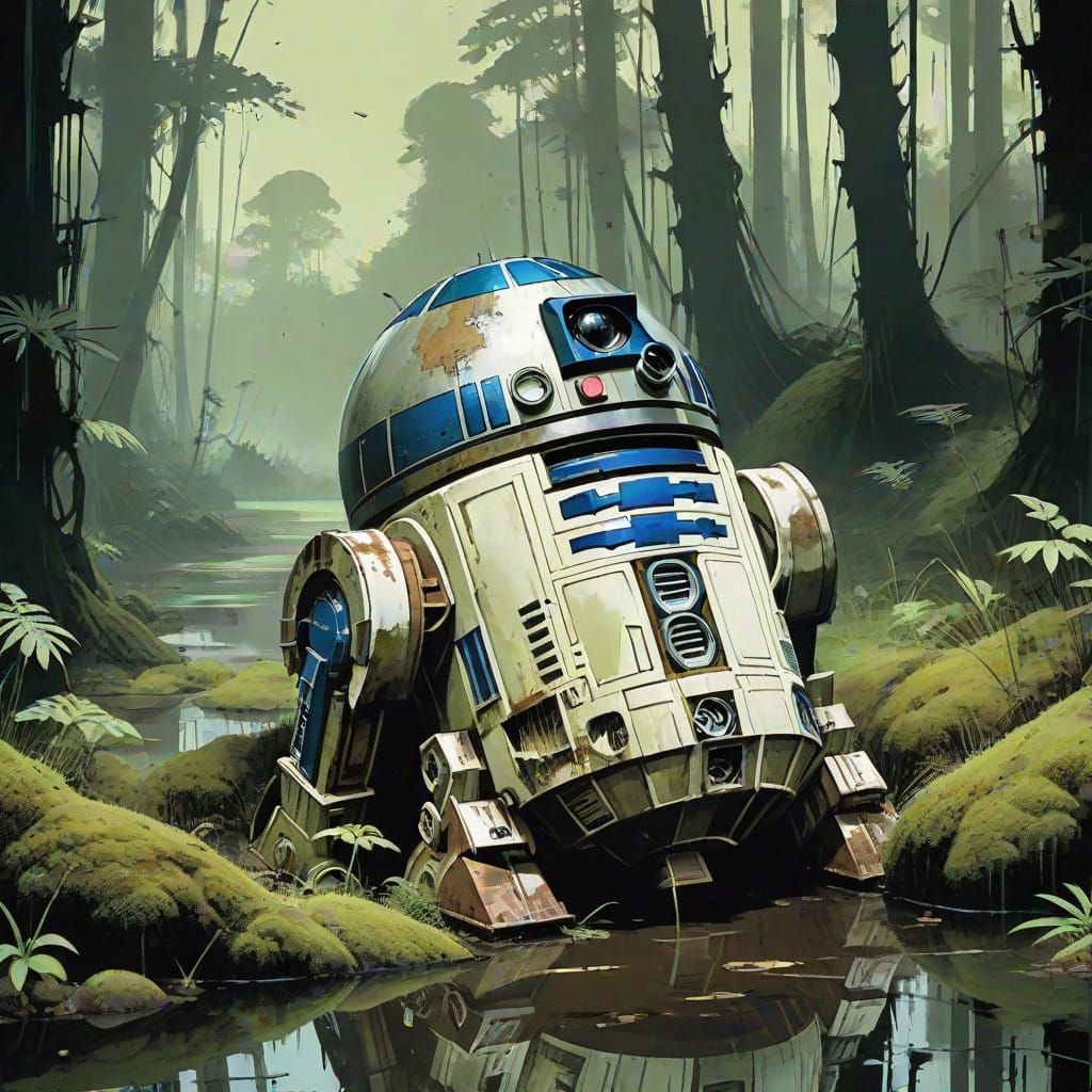 R2-D2 in Dark Fantasy Swamp Illustration