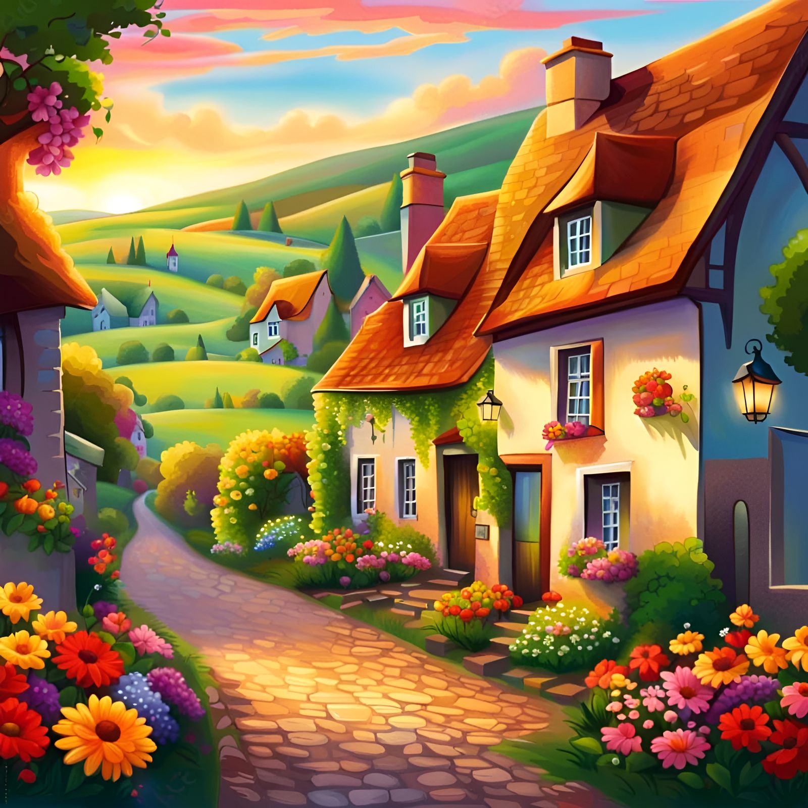 Picturesque Village at Sunrise: Dreamlike Digital Art