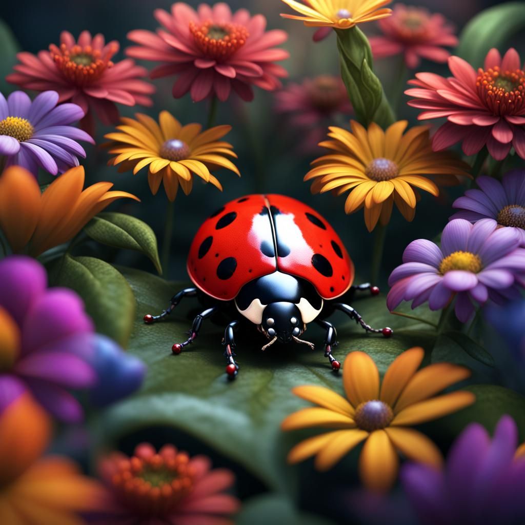 Ladybug in a Fantastical Floral Landscape