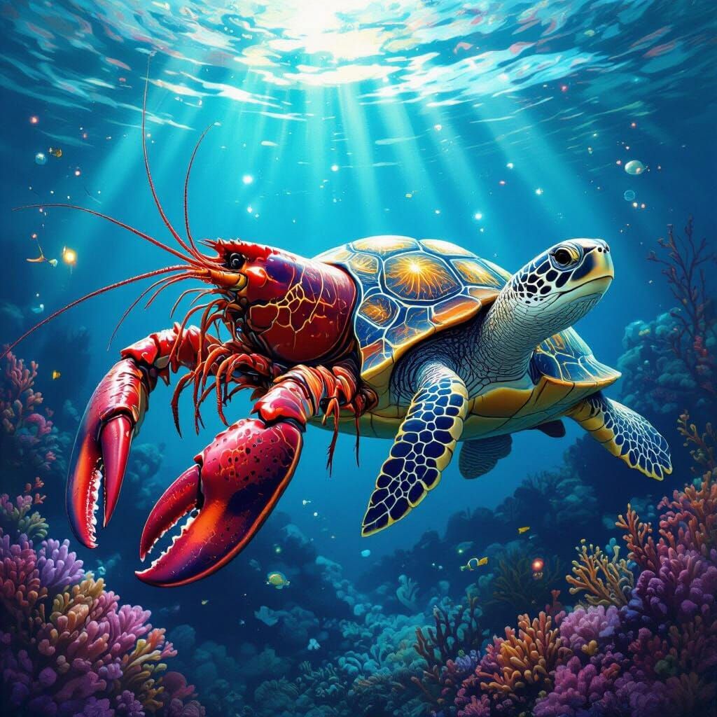 Lobster Turtle Hybrid in Bioluminescent Coral Reef
