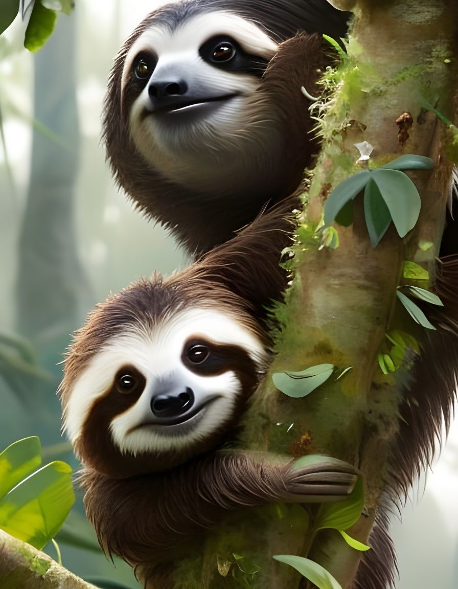Cute Sloths Hugging in Jungle, Watercolor Style