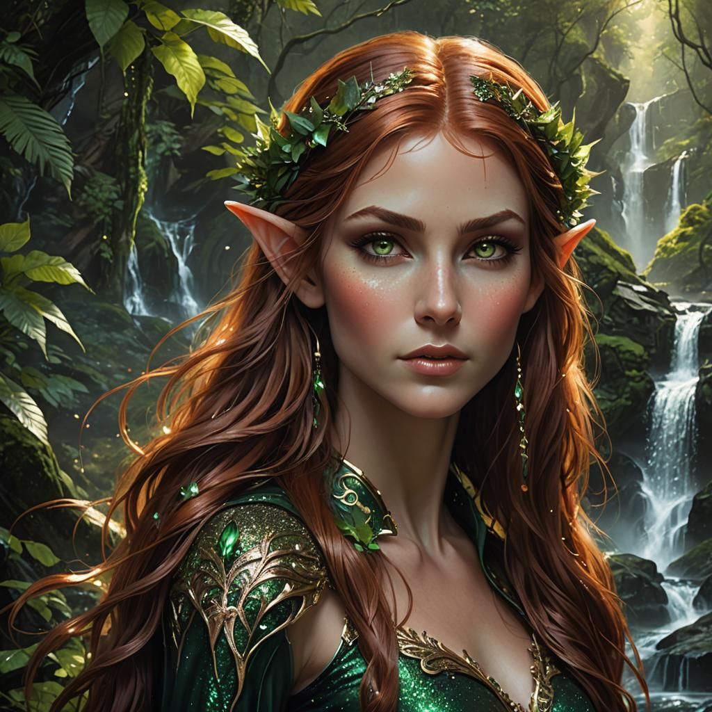Sylvan Elf Woman in Mystical Forest: Hyperrealistic Splash A...