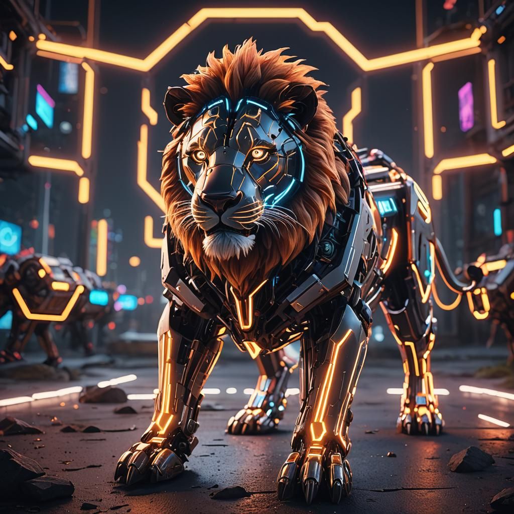 Neon Lion with Sparkling Radiance