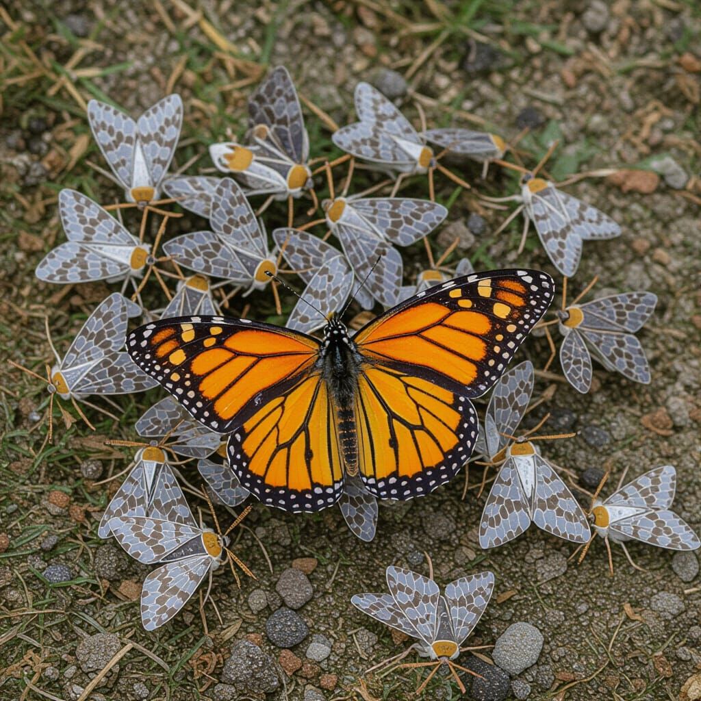 Confused Butterfly in Swarm of Moths