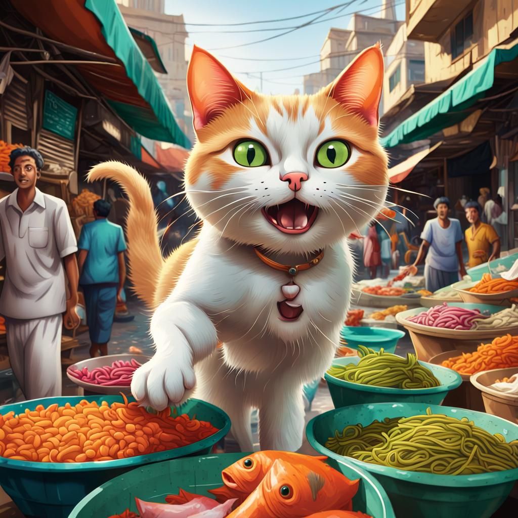 Lighthearted Cartoon Heist in a Diverse Market Scene