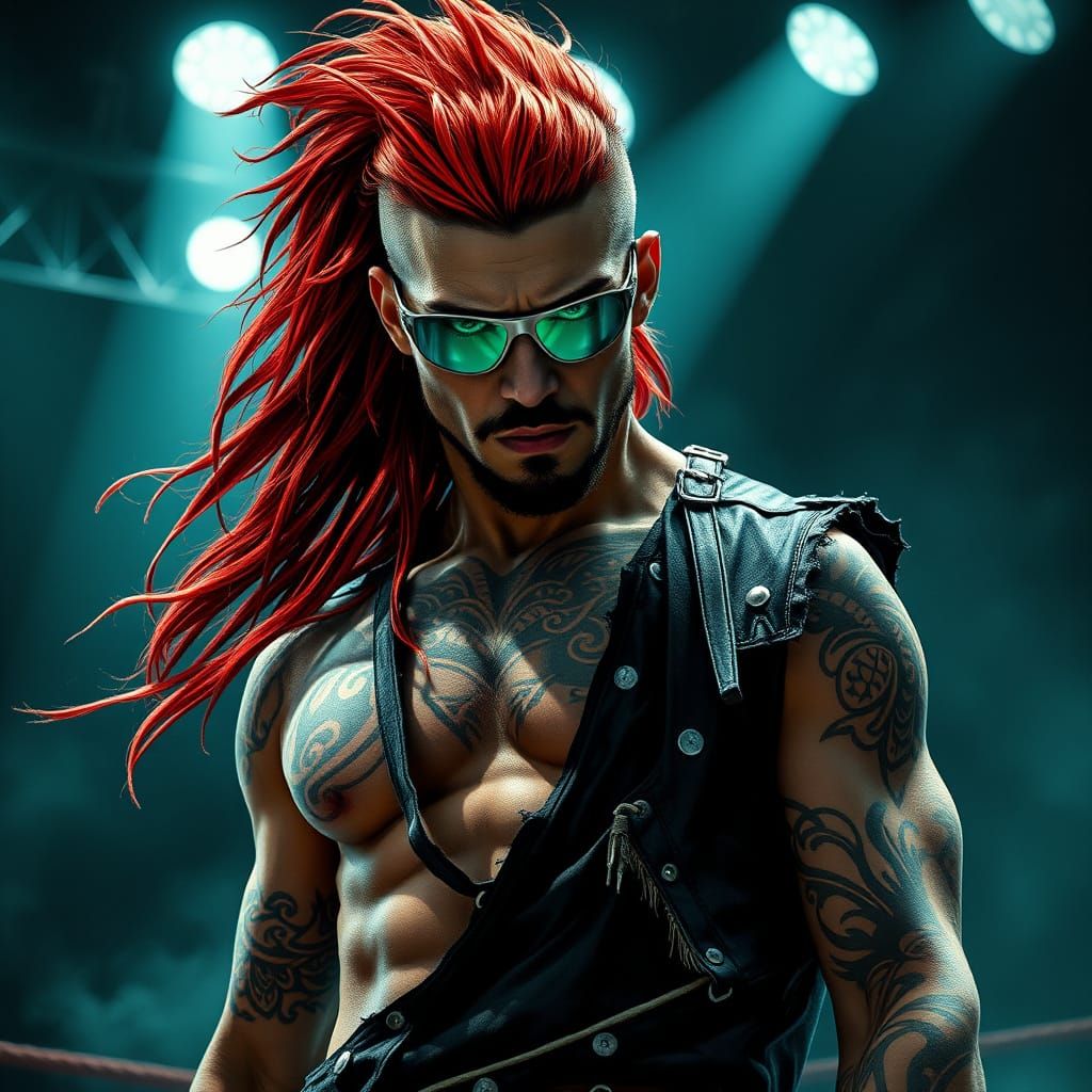 Muscled Warrior in Smoky Dojo, Wild Red Hair and Tribal Tatt...