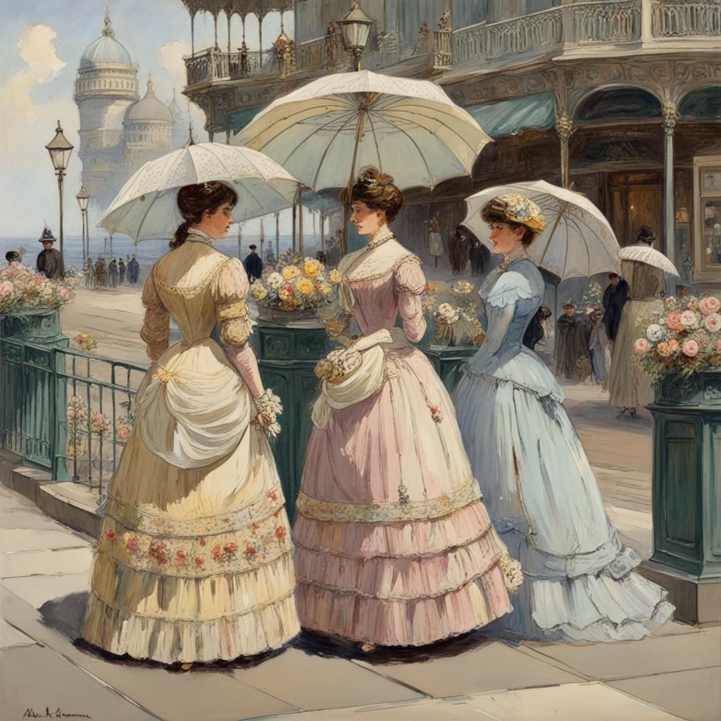 Victorian Women on Sunny Promenade: Gouache Watercolor