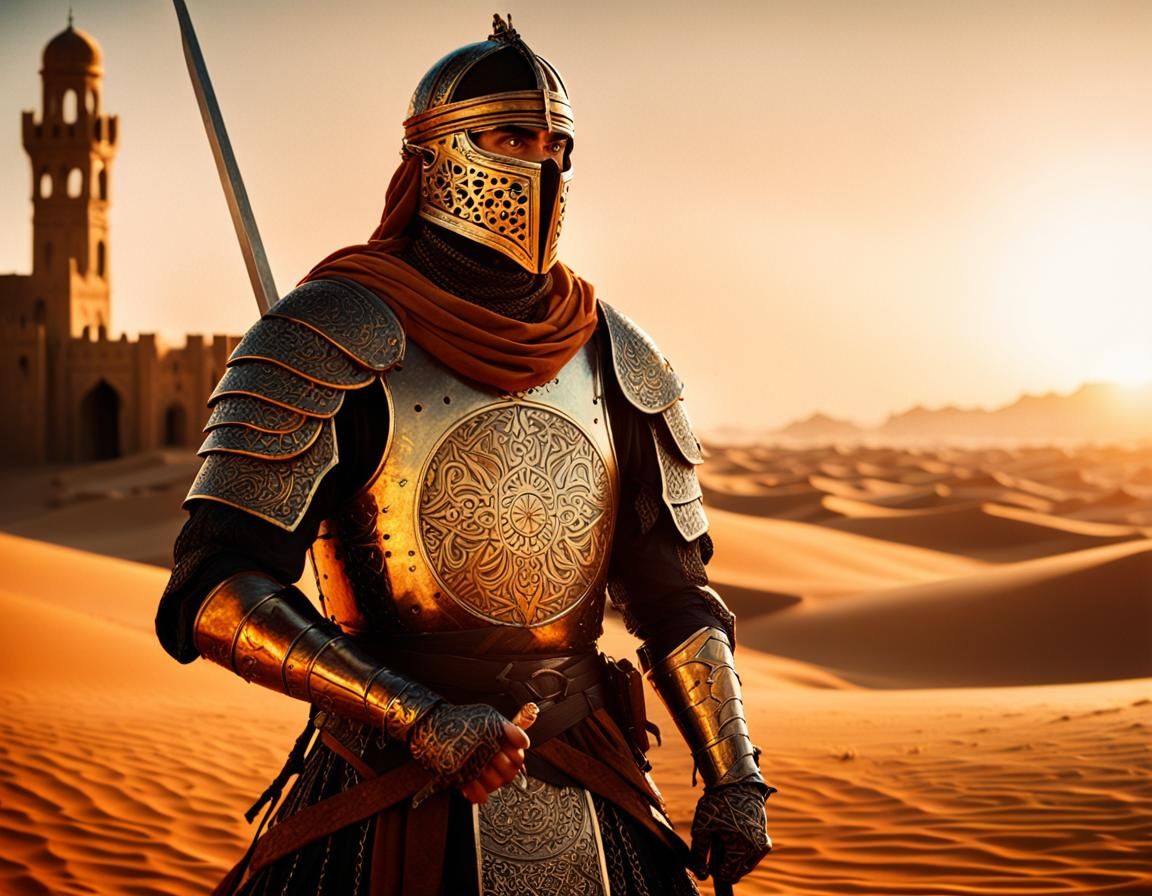 Medieval Warrior in Arabic Desert Battle Scene, Cinematic Fi...
