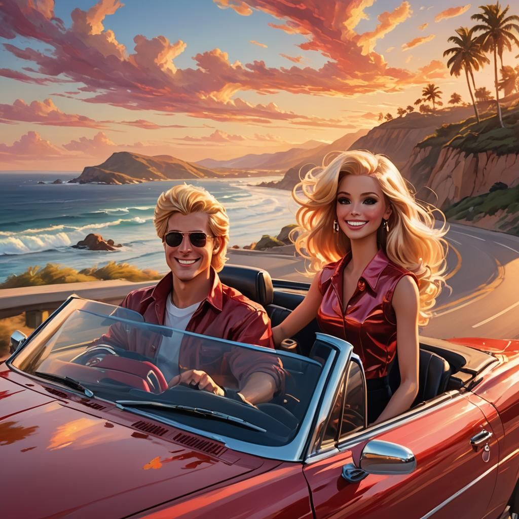 Ken and Barbie Drive a Classic Convertible