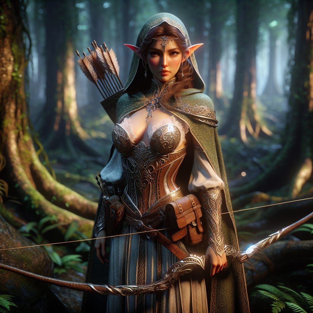 Elf Archer in Dense Woods: 8k Photorealistic Scene