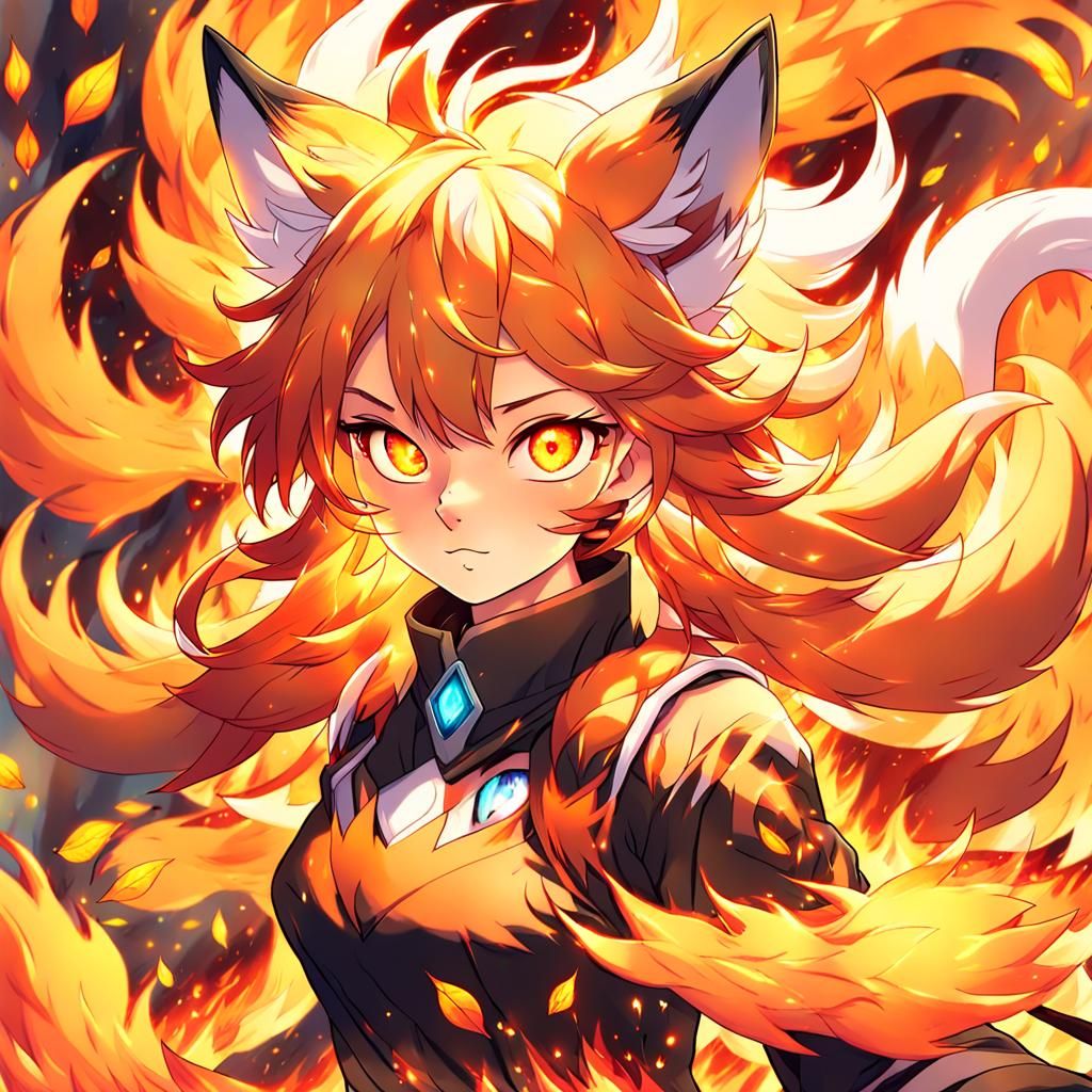 Fiery Fox-Girl with Elemental Powers in Anime Style