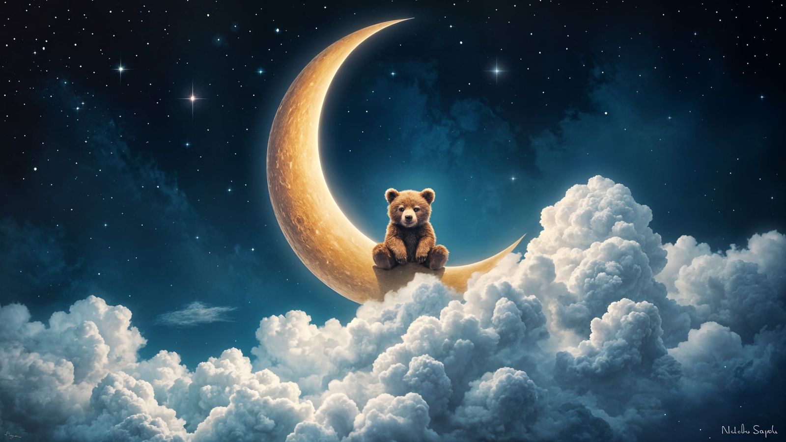Bear on Crescent Moon in Starry Night Sky