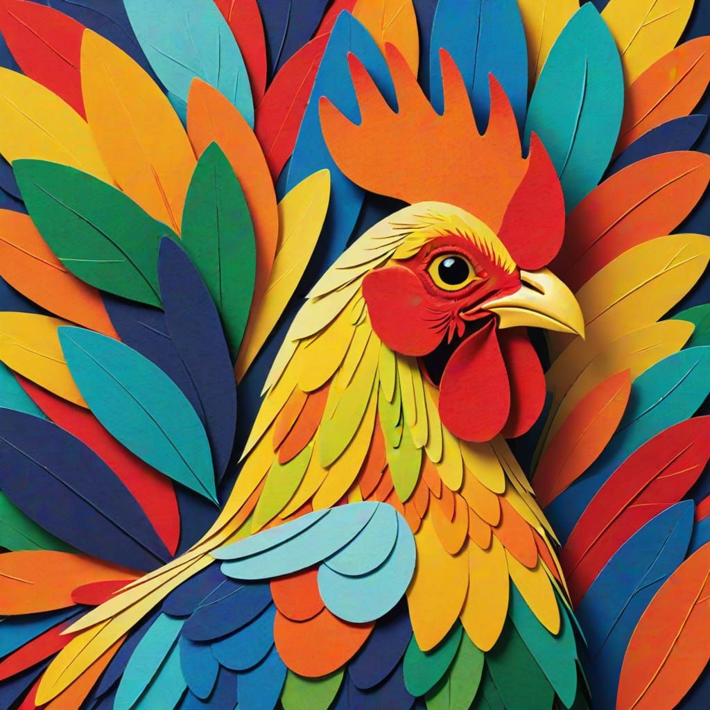 Vibrant Felt Rooster Illustration in Flat Graphic Style