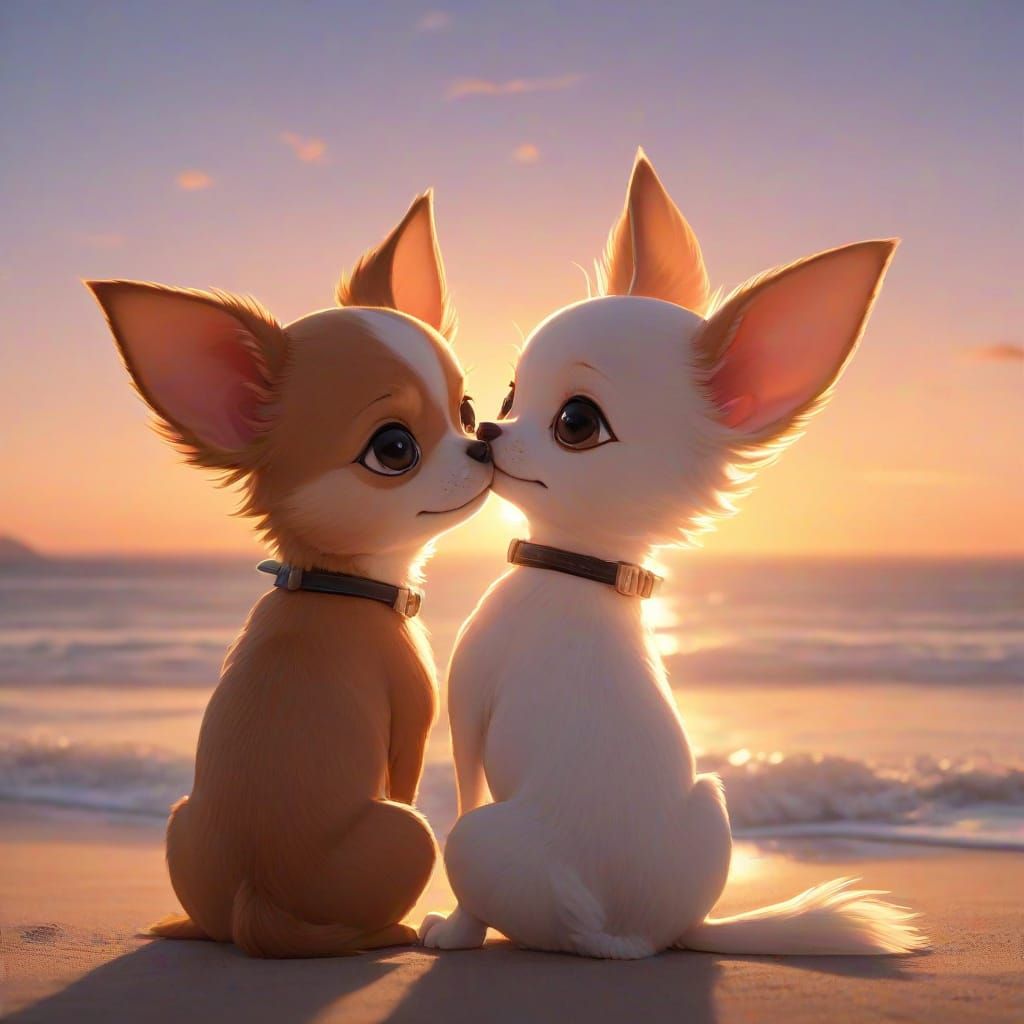 Cartoon Chihuahuas Bask in a Romantic Beach Sunset