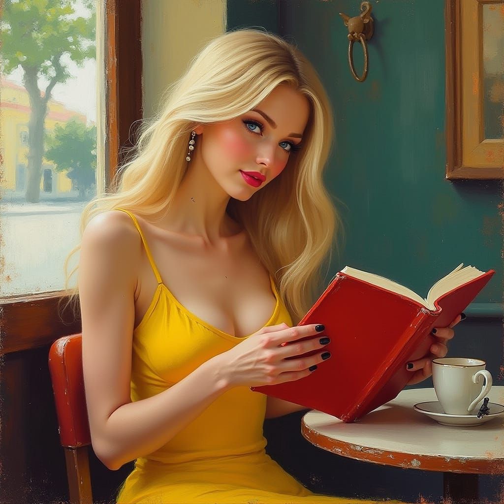 Woman Reading in Coffee Shop, Impressionist Style