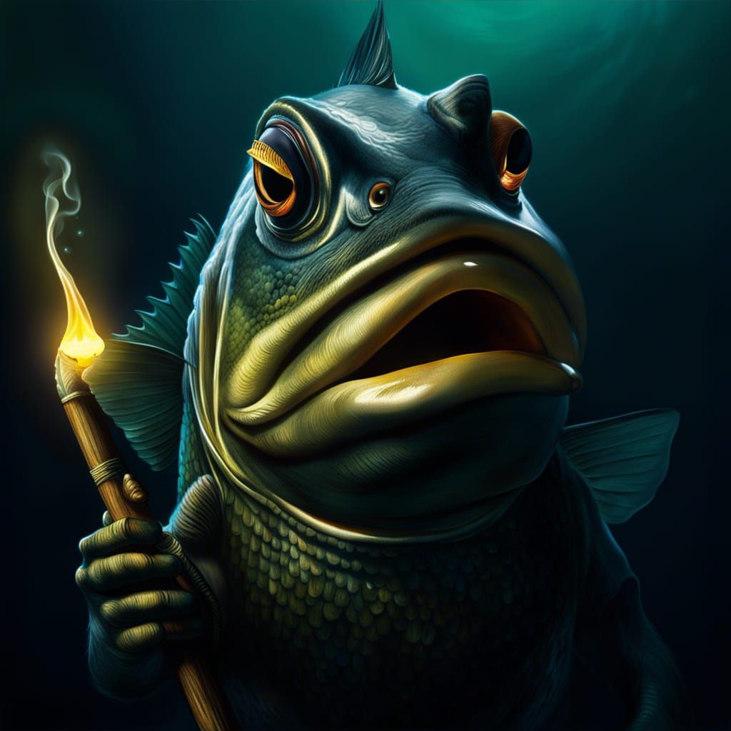 Bass Fish Smoking a Pipe, Hyper-Realistic Underwater Scene