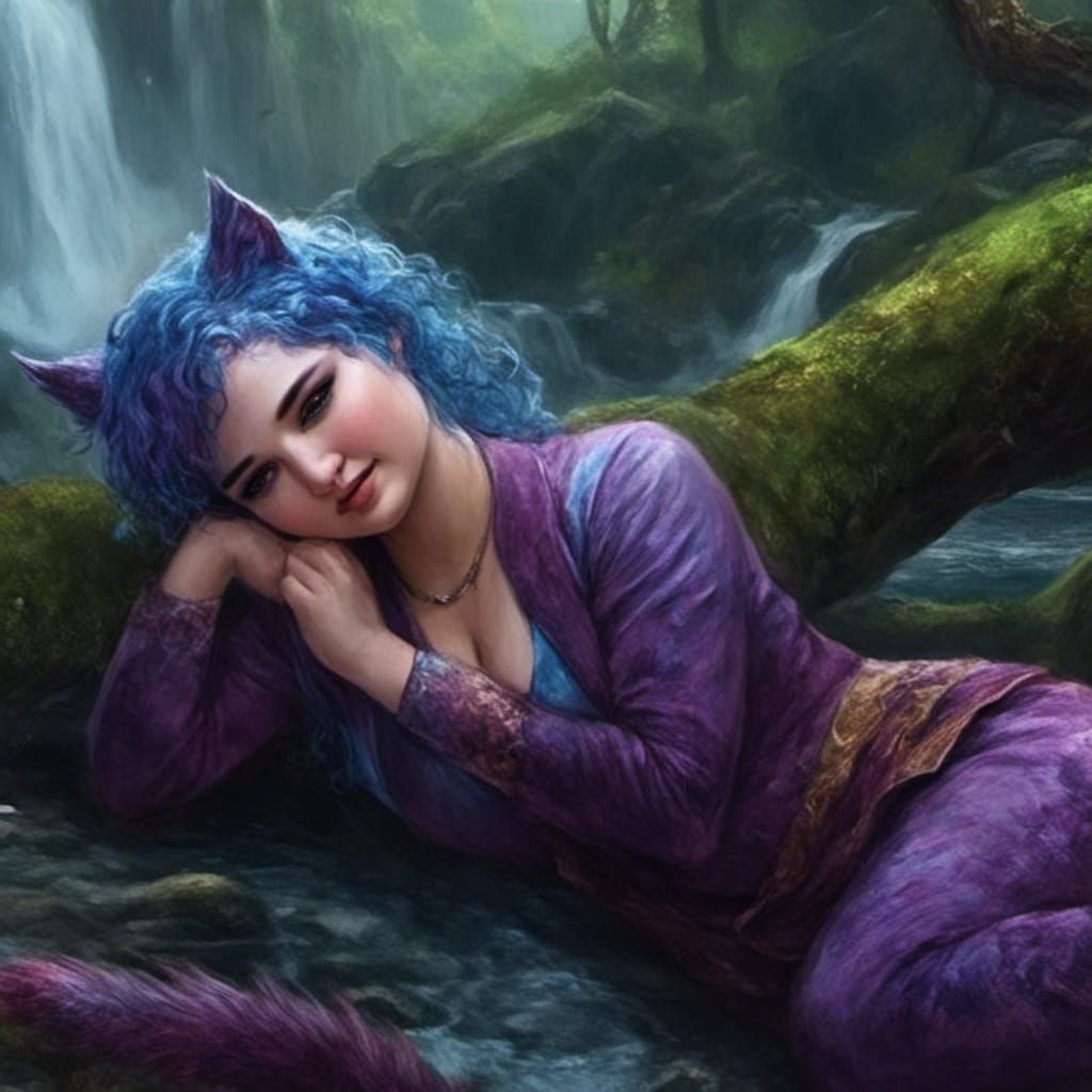 Sleeping Catgirl with Baby Dragon in Fantasy Style