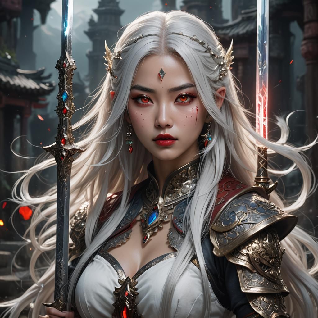 Fantasy Asian Girl with Sword, Detailed Digital Art