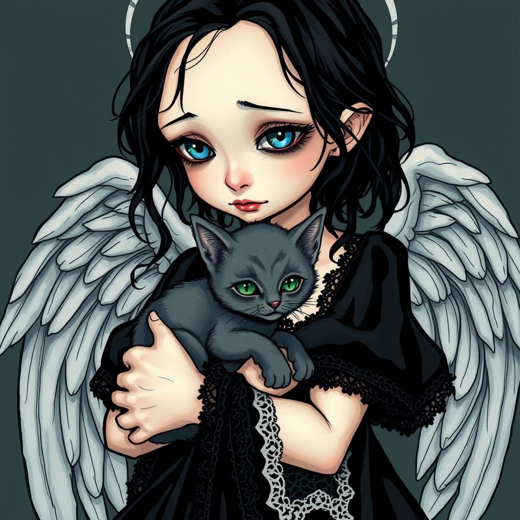Enigmatic Angel Holds Teary Kitten in Mournful Embrace